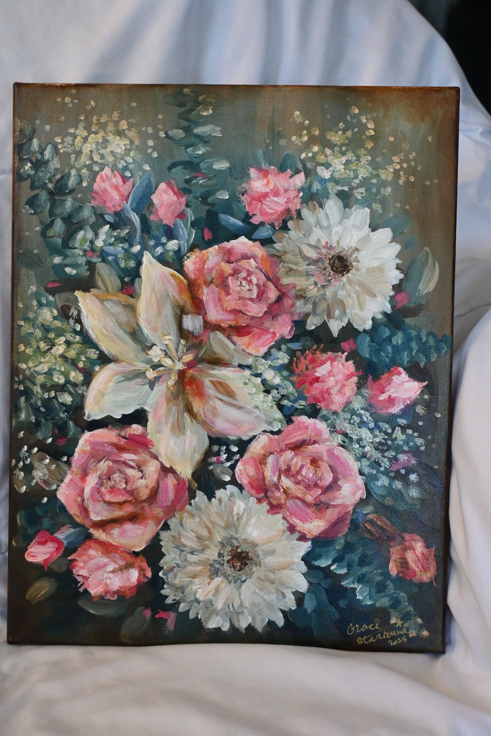 A canvas painting of a bunch of flowers
