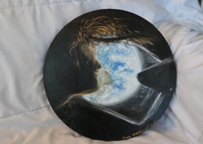 A canvas painting of a woman in space