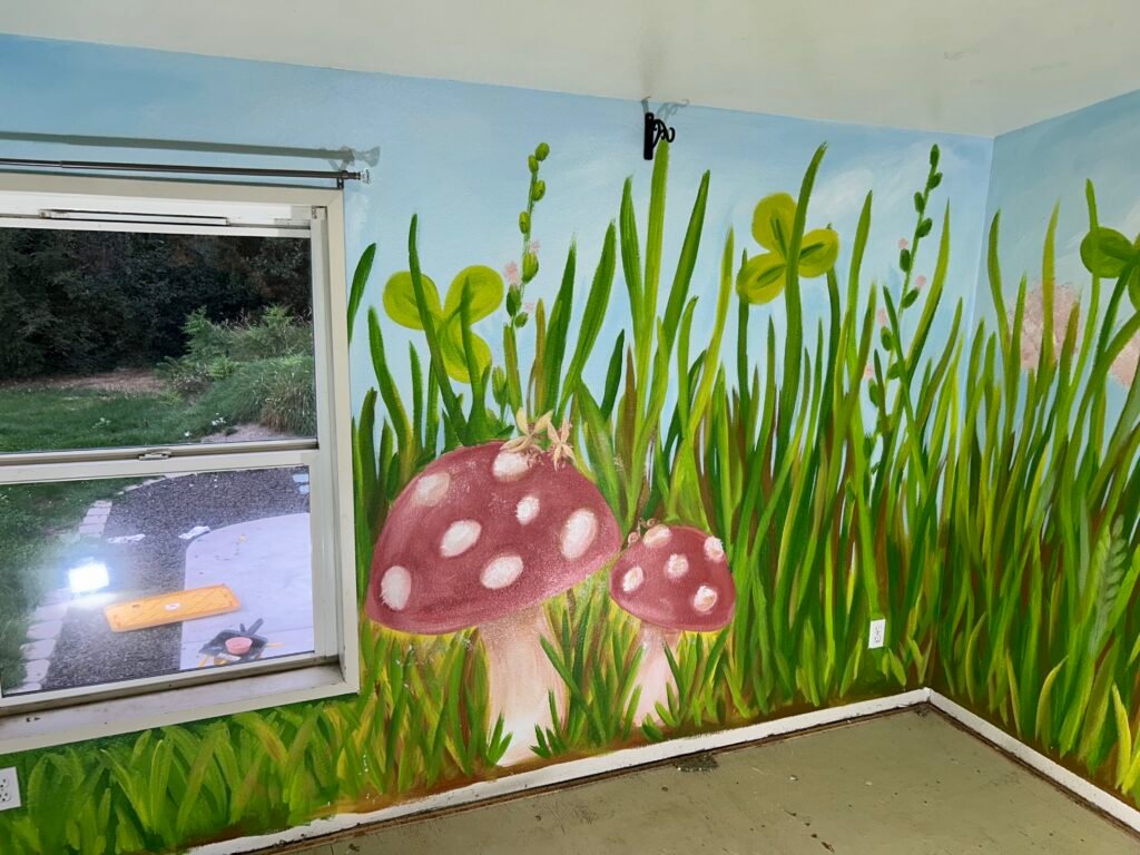 meadow mural with mushrooms