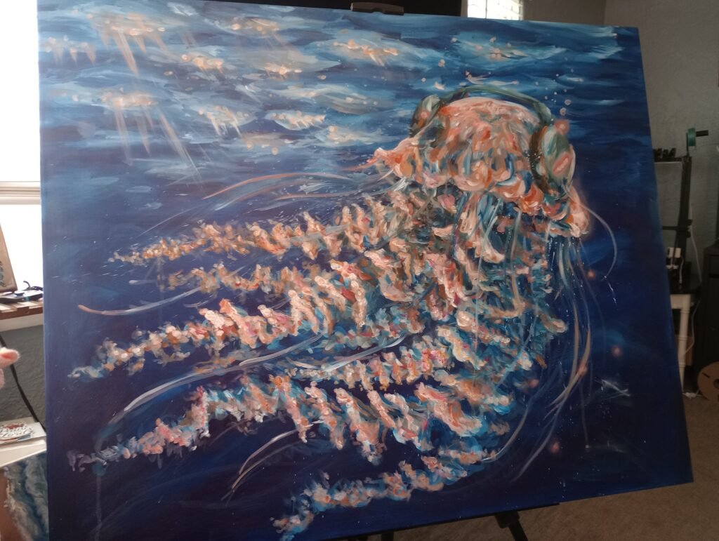finished painting of a large jellyfish canvas painting