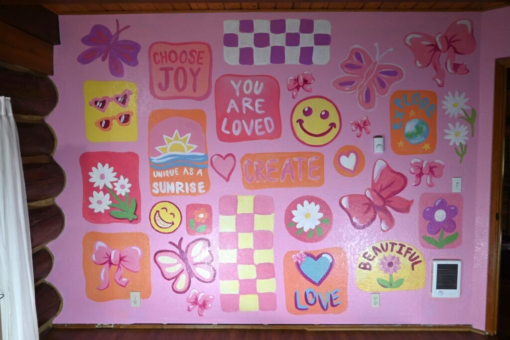 Finished sticker style pink mural