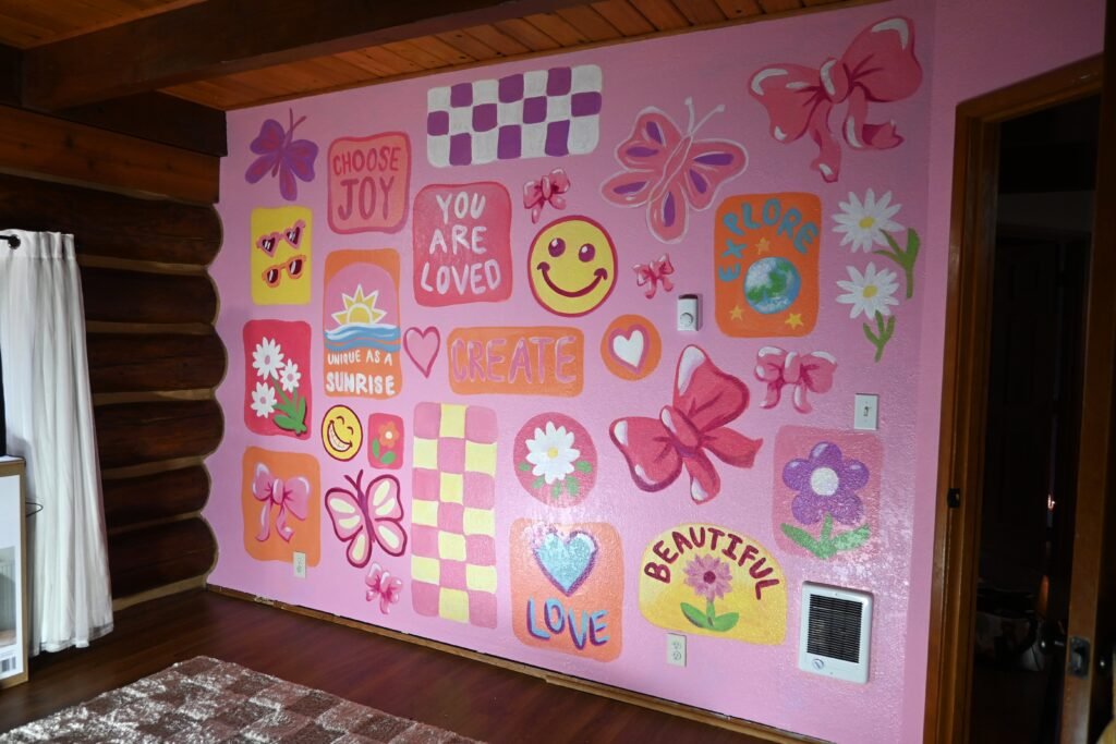 Finished pink sticker style mural
